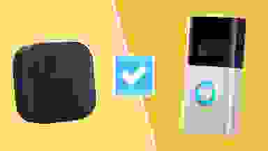 A Blink camera and Ring doorbell on a yellow background with a blue checkmark in between