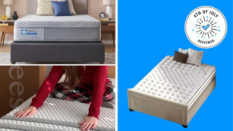 A collage of mattresses in front of different backgrounds with the 4th of July Reviewed badge.