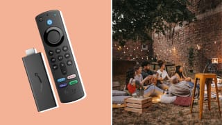 Image of a remote next to an image of a group of friends enjoying a movie outdoors.