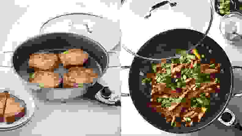 Left: French toast cooking in All-Clad electric skillet. Right: vegetables cooking in the electric skillet, shot from above