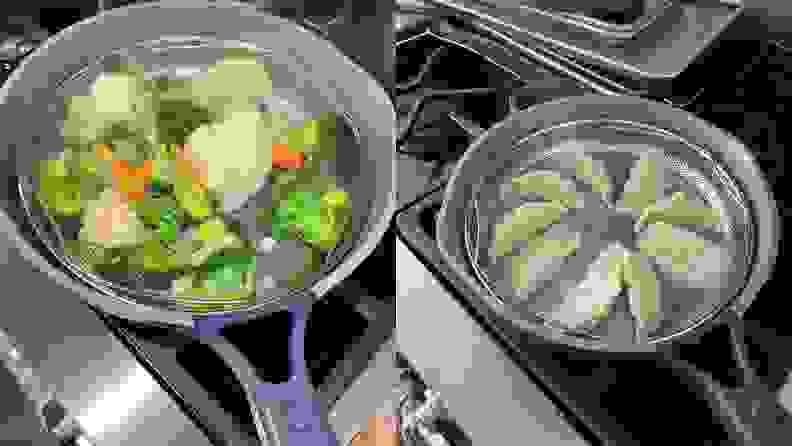 Steamed vegetables and dumplings cooking inside of skillet pan.