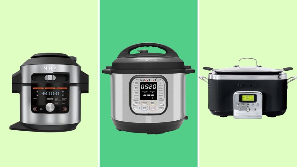 From left: Ninja Foodi, Instant Pot, and GreenPan Slow Cooker on green background.