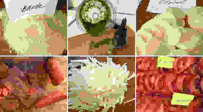 Six photos of food being blended, sliced, and shredded in different food processors.