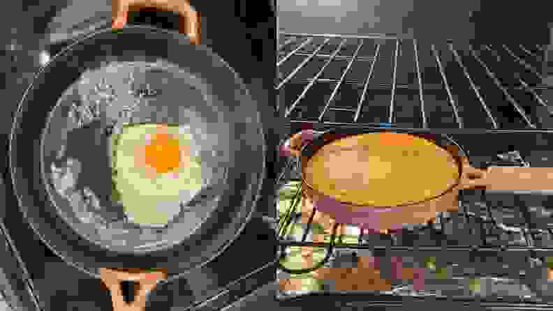 Two images of an egg frying in a pan and cornbread in an oven.