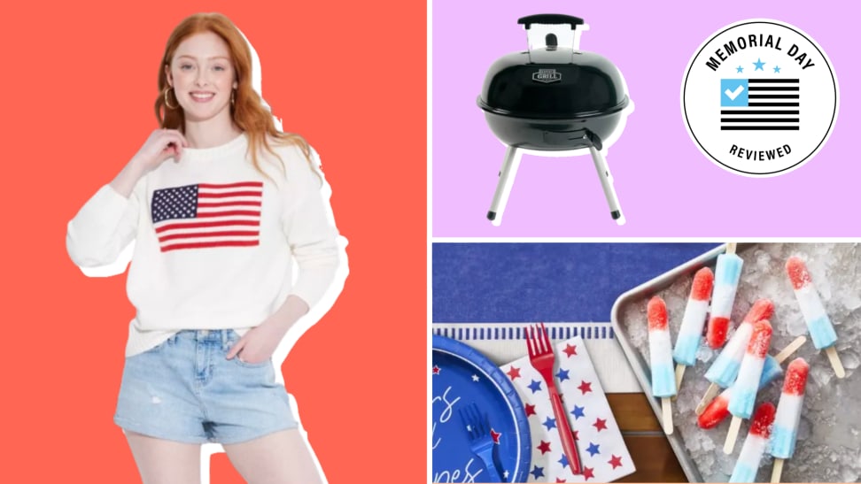 A colorful collage featuring a person wearing an American flag sweatshirt, an Expert Grill barbecue, and various Memorial Day party supplies.