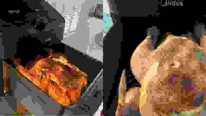 Left: Whole roasted chicken cooked in Midea air fryer basket. Right: Whole chicken uncooked in basket