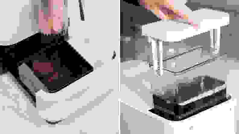 On right, the waste basket full of coffee grounds being removed from the machine. On right, the removable water container being pulled out of the machine.