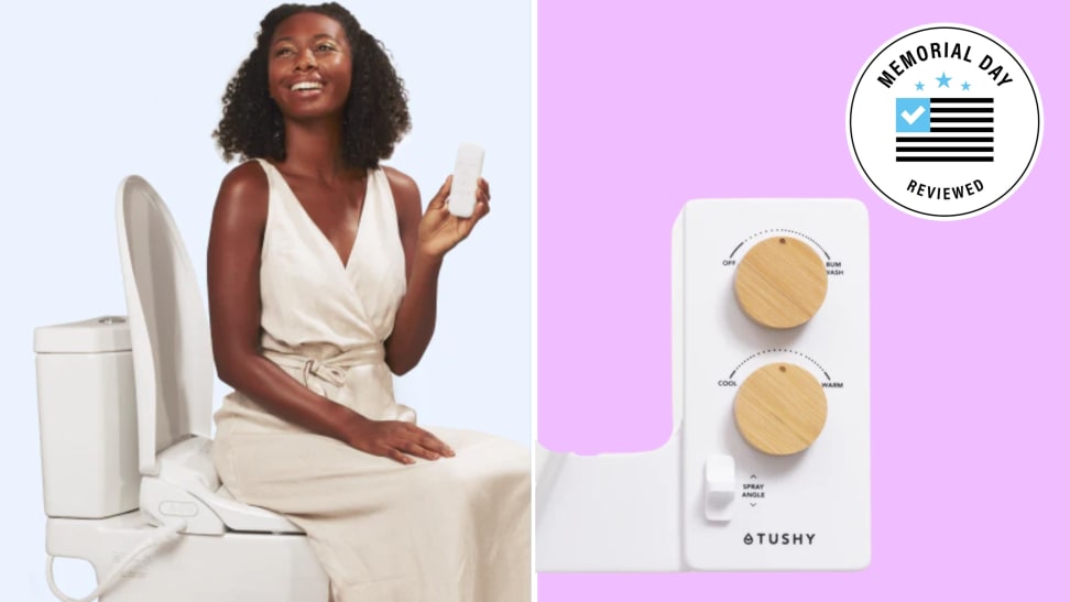 A woman sitting on a toilet with a Tushy bidet next to controls for a Tushy bidet with the Memorial Day Reviewed badge.