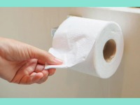 A hand pulls a sheet of toilet paper from a roll.