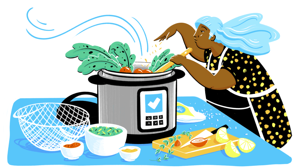 An illustration of a person using a pressure cooker to make a meal.