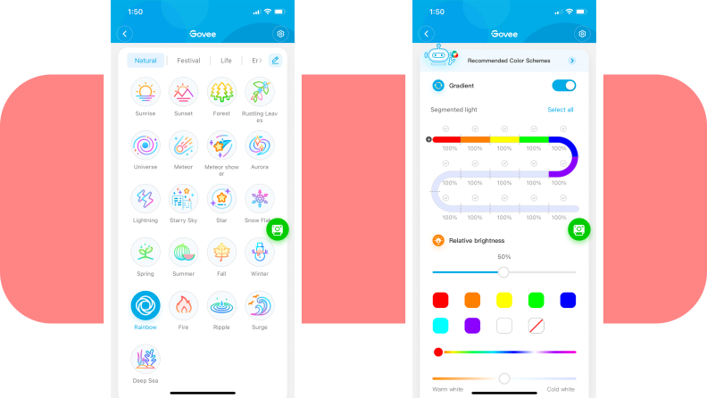 Screenshots from the Govee smart app that display the adjustable color settings for the Govee LED Strip Light M1 Matter Compatible.