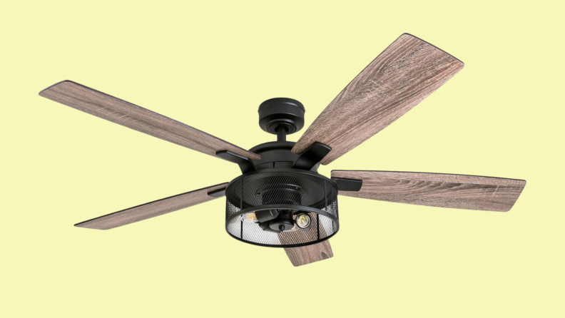 A Honeywell ceiling fan appears on a yellow background.