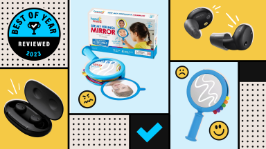 Blue and yellow photo collage showcasing a black pair of Sony CRE-E10 over-the-counter hearing aids alone and inside of corresponding charging case, a blue check mark and the Hand2mind See My Feelings mirror alone and next to original box packaging.