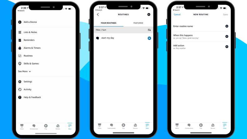 Screenshots from the Amazon Alexa app that show how to create an Alexa Routine