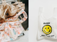 On left, multi-colored reusable grocery bags next to regular tan colored grocery bags in checkout area. On right, white reusable grocery bag with yellow smiley face and "Baggu. Have a nice day" printed on front.