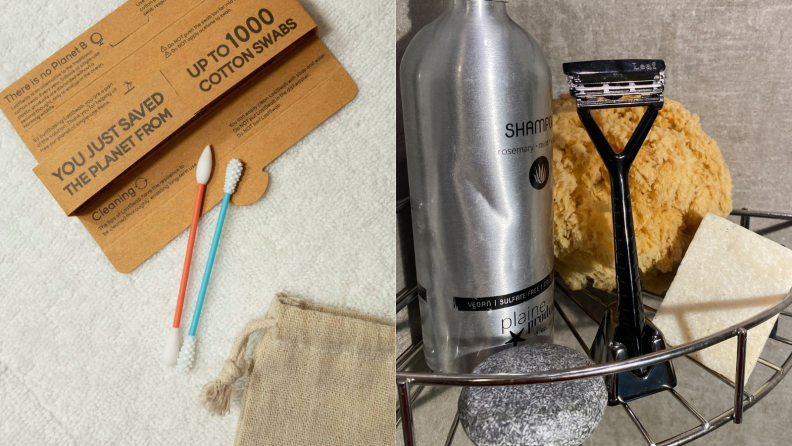 On right, cotton free multi-colored q-tips. On right, black plastic-free razor in bathroom.