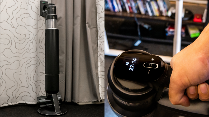 The Samsung Bespoke AI Jet, the best cordless stick vacuum, on its charging stand next to a photo of the vacuum's digital display