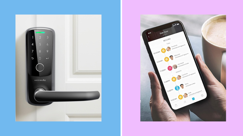 The U-Tec Ultraloq Latch 5 Fingerprint hanging on a door next to a picture of the Ultraloq app showing when the lock was last opened and closed.