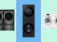 Washer-dryer sets by Electrolux, Samsung, and Miele against a color-blocked blue and green background.