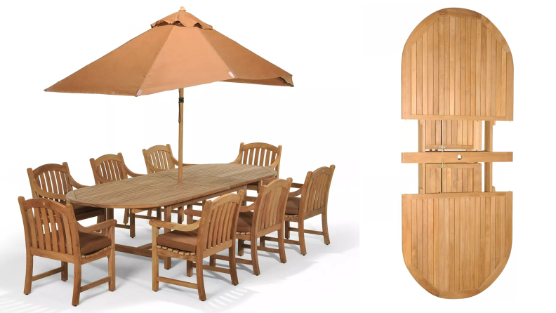 Teak patio dining table with eight chairs around table, also shown from top