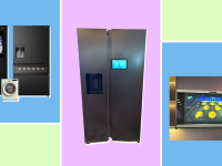 Two Hisense refrigerators, a Samsung refrigerator, and an LG Signature microwave.