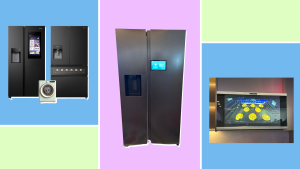 Two Hisense refrigerators, a Samsung refrigerator, and an LG Signature microwave.