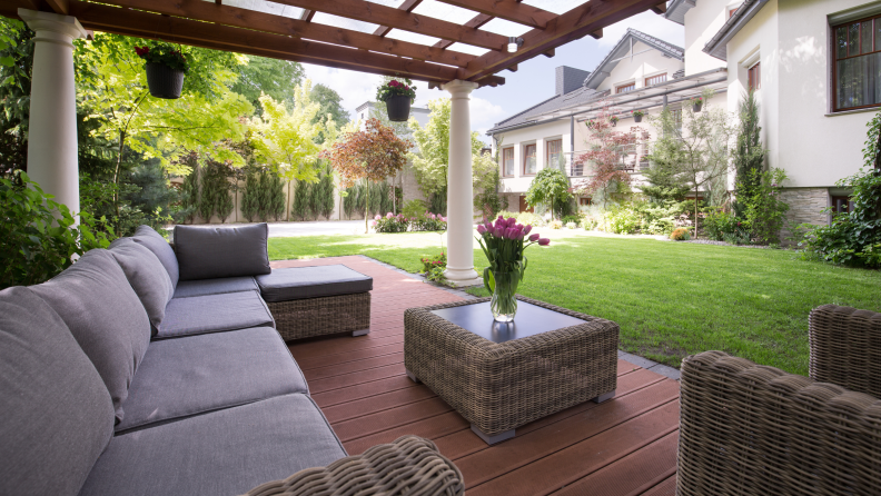 Luxury outdoor patio furniture on a wooden deck