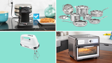 The Cuisinart waffle maker, stainless steel cookware set, white hand mixer and stainless steal air fryer toaster oven..