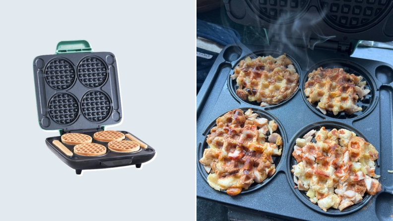 Left: Dash Multi Mini Waffle Maker open with waffles cooked on surface. Right: Photo of an open Dash Multi Mini Waffle Maker with 4 stuffing waffles cooked.