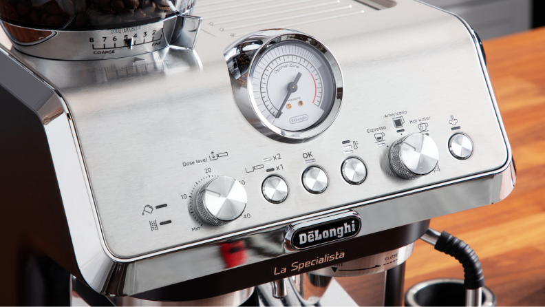 Close-up shot of the top of the espresso machine.