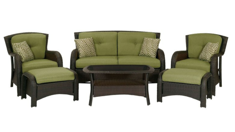 Green Hanover Strathmere 6-Piece Outdoor Patio Set, with two chairs and ottomans, love seat, and table