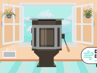 Illustration of a home with an air purifier in the middle of a room.