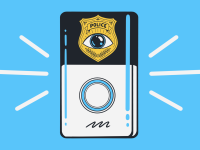 An illustration of an police badge-shaped eyeball placed on the top of a video doorbell with a blue background.