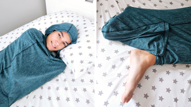 Side-by-side photo: On left a boy smiles at the camera, wearing a blue hooded Hug Sleep Pod. On right, a picture of the pod's foot flap