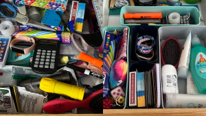 Cluttered junk drawer next to an organized junk drawer.