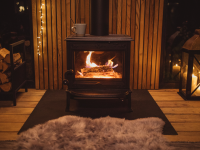 Wood stove in cozy living room.