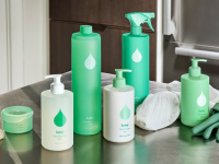 Cleaning products in green bottles.