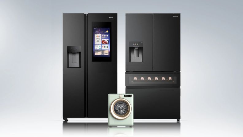 Two Hisense refrigerators, one with a screen on the front.