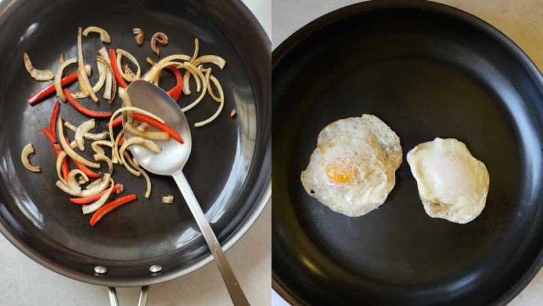 Left: peppers and onions sauteed in a carbon steel skillet. Right: two over-easy eggs in a carbon steel pan.