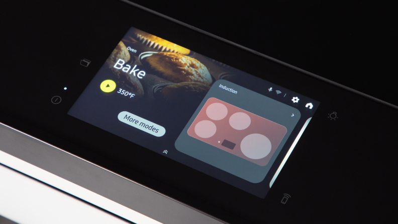 The touchscreen control panel on Samsung Bespoke NSI6DB990012AA Induction Range showing the burner layout and baking function.