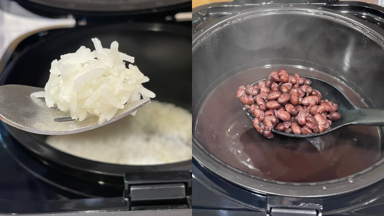 Photo collage of a spoon and fork lifting rice and beans from inside the KitchenAid Grain and Rice Cooker.