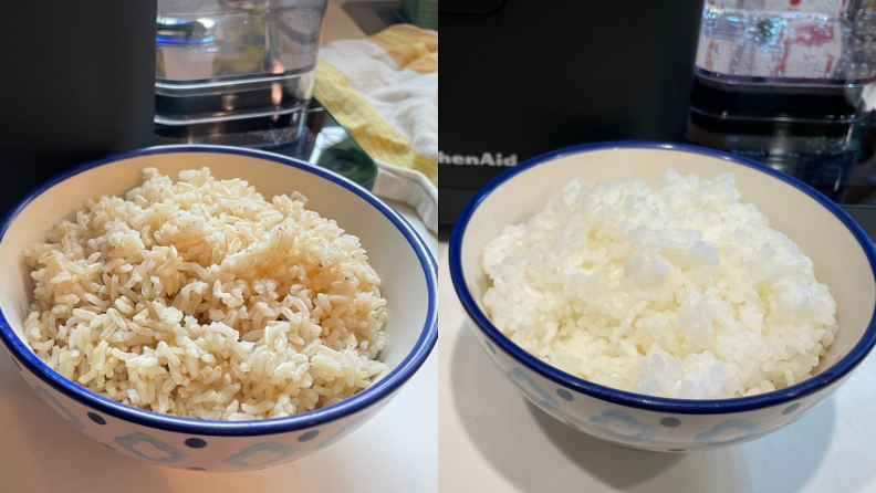 Photo collage of two bowls filled with cooked brown and white rice in front of the KitchenAid Grain and Rice Cooker.