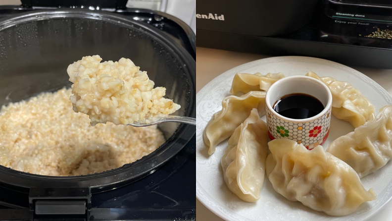 On left, semi cooked brown rice inside of the KitchenAid Grain and Rice Cooker and on a spoon. On right, cooked dumplings on a plate with a small cup of soy sauce in the middle.