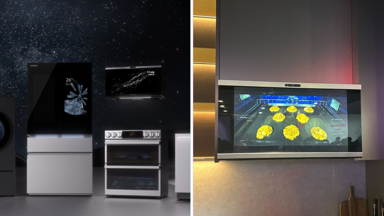 Left: LG Signature refrigerator and cooking appliances. Left: LG Signature over-the-range microwave with touchscreen.