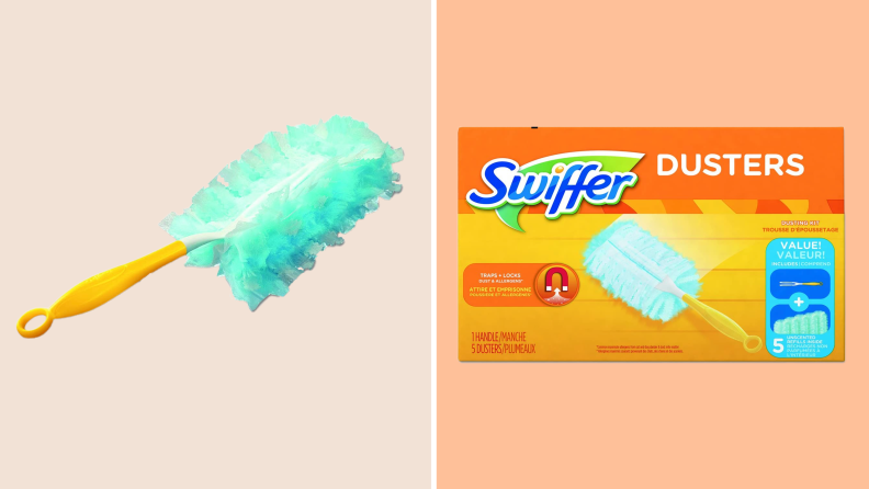 On left, Swiffer duster. On right, box of Swiffer replaceable dusting pads.