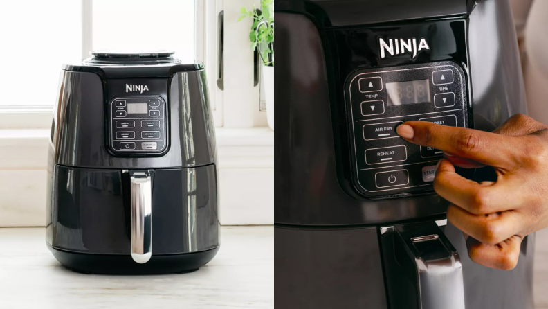 A black Ninja Air Fryer and a closeup detail of the air fryer