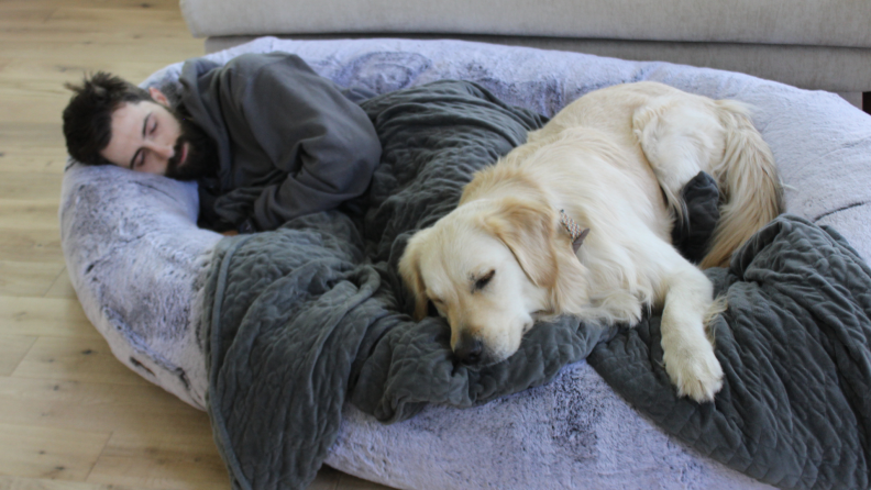 A bearded man and a dog snuggle with a blanket on top of a Plufl bed