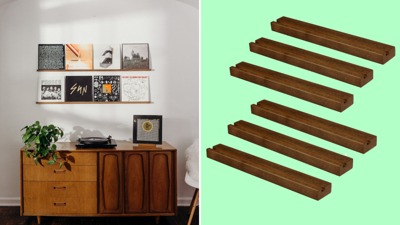 Photo collage of vinyl records displayed on shelves mounted on the wall next to the Ilyapa 6-pack of Wood Vinyl Record Shelf Wall Mounts.