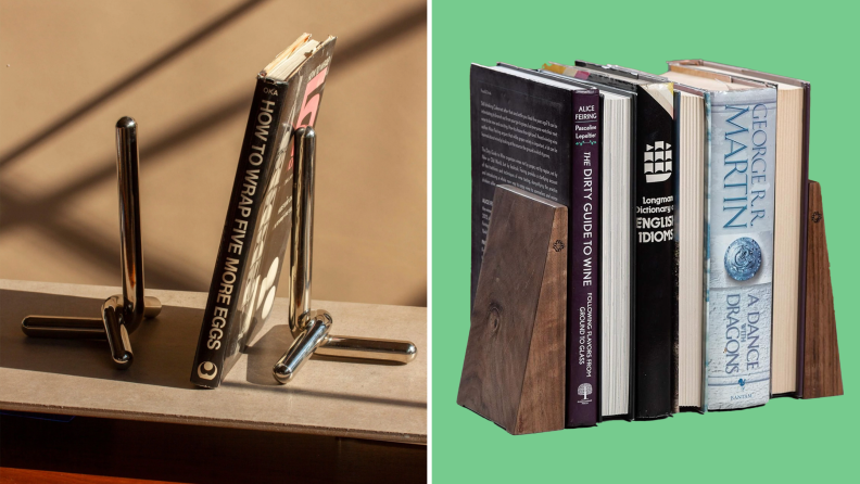 Photo collage of a book between Craighill's steel bookends and two wooden bookends from Tilisma on both sides of a row of six books.