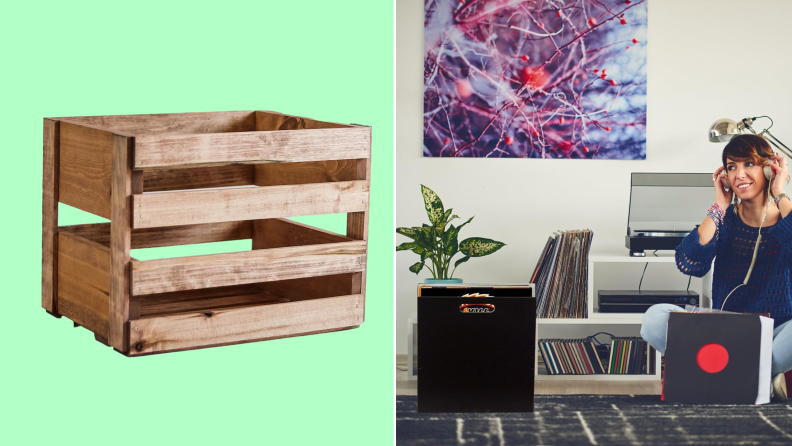 Photo collage of the Darlasstudio66 Vinyl Record Holder Wood Crate and person listening to vinyl record next to the Atlantic Record Crate and surrounded by their record collection.